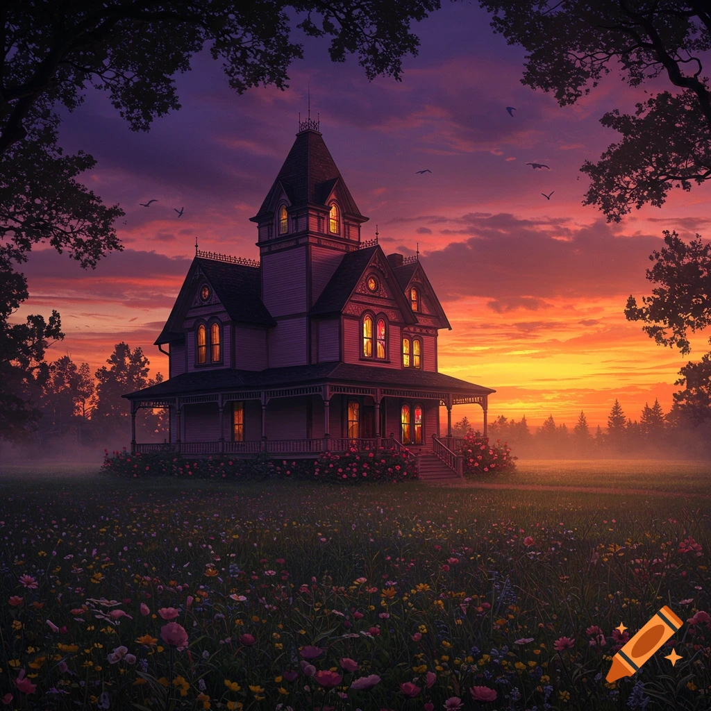 A Victorian house in a wildflower field at sunset, framed by dark trees. Vibrant orange and purple sky.