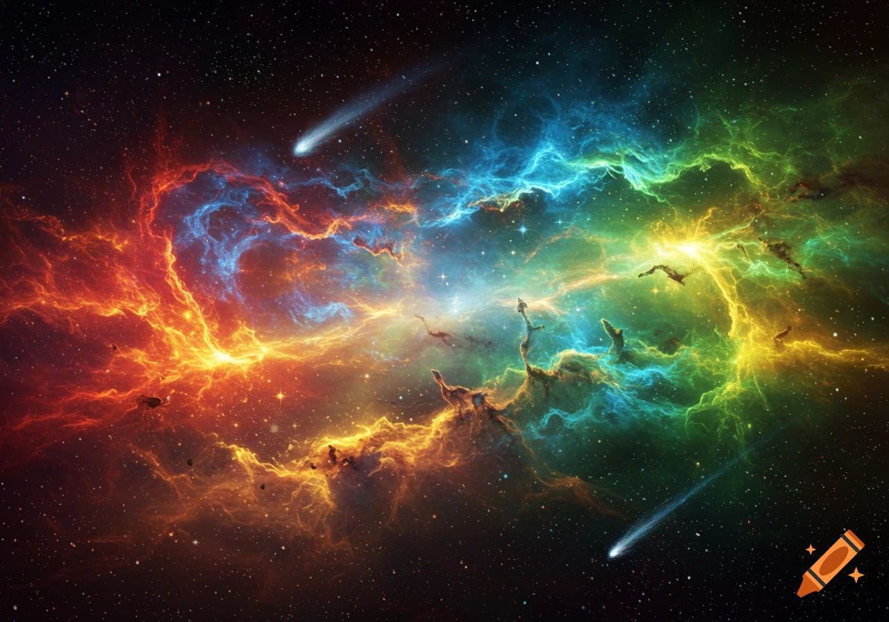 Vibrant, colorful nebula with swirling red, orange, blue, green, and yellow gases, and two comets in a dark starry sky.