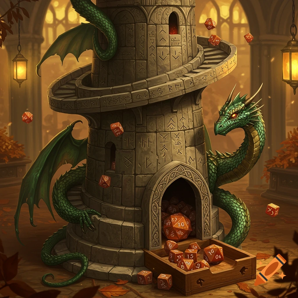 A green dragon coils around a stone dice tower with a spiral ramp, as orange gaming dice tumble down and collect in a wooden tray at its base. The scene is set in a warm, autumn-toned fantasy environment.