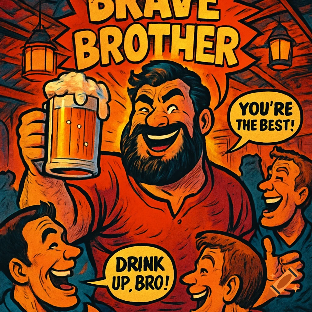 Comic book style illustration of a laughing bearded man holding a beer mug, surrounded by other men in a bar, with speech bubbles and text 'BRAVE BROTHER'.