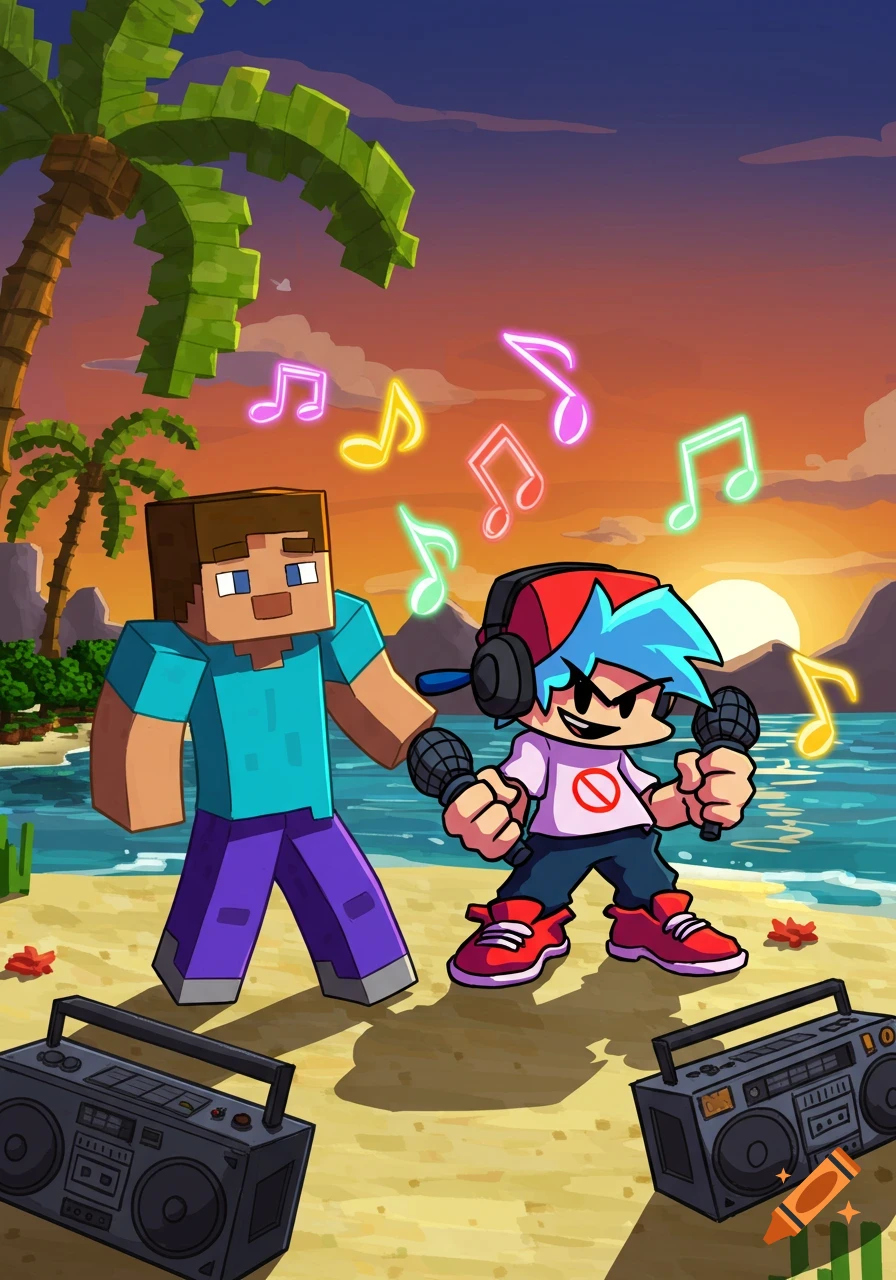 Minecraft's Steve and Friday Night Funkin's Boyfriend rap on a tropical beach at sunset, with music notes floating around them.
