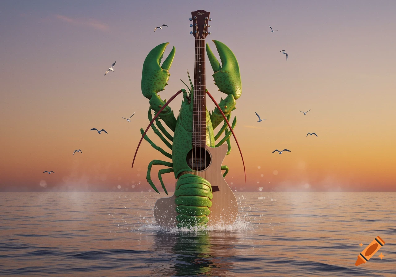 A large green lobster's body forms an acoustic guitar, standing in the ocean at sunset with seagulls flying above.
