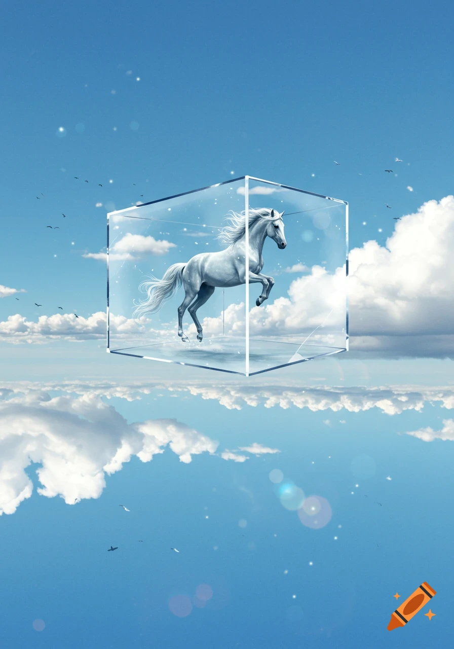 A majestic white horse leaps inside a clear glass cube, floating in a bright blue sky with fluffy white clouds, reflected in the sky below.