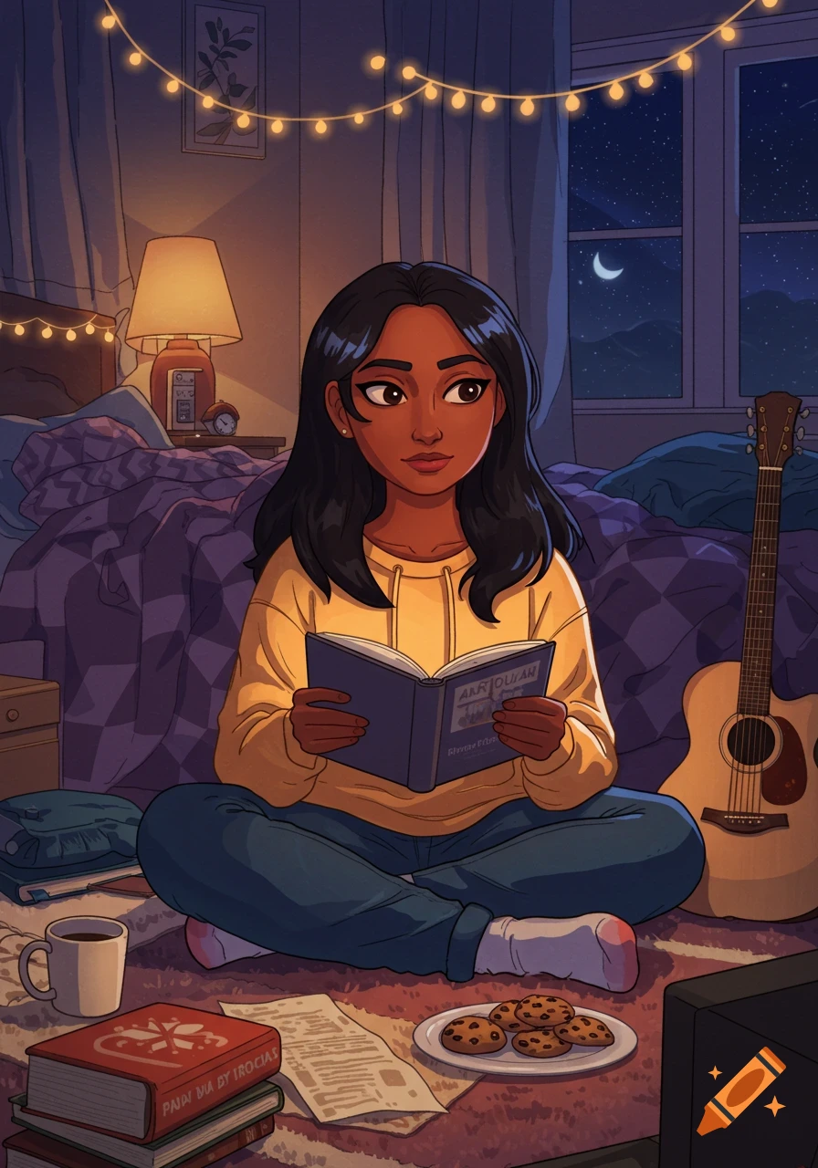 A cartoon illustration of an Indian girl in a yellow hoodie sitting cross-legged on the floor, reading a book in a cozy room at night, surrounded by books, cookies, coffee, and a guitar.