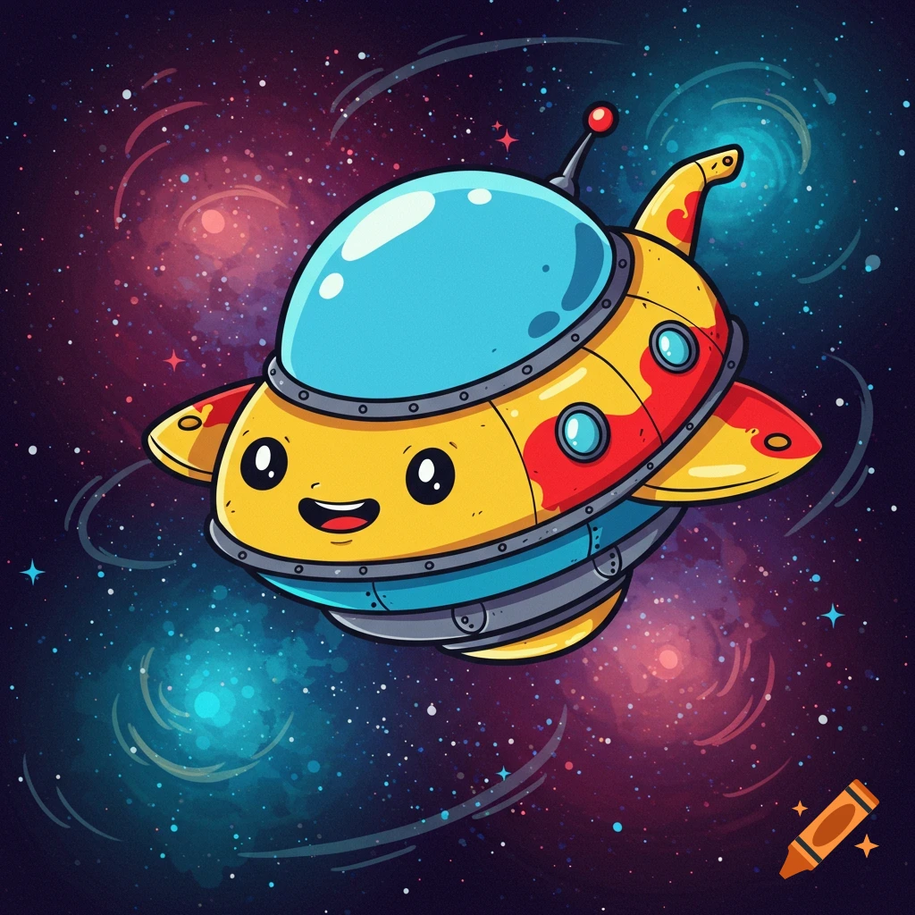 A cute, yellow and red cartoon spaceship with a blue canopy smiles while flying through a colorful starry galaxy.