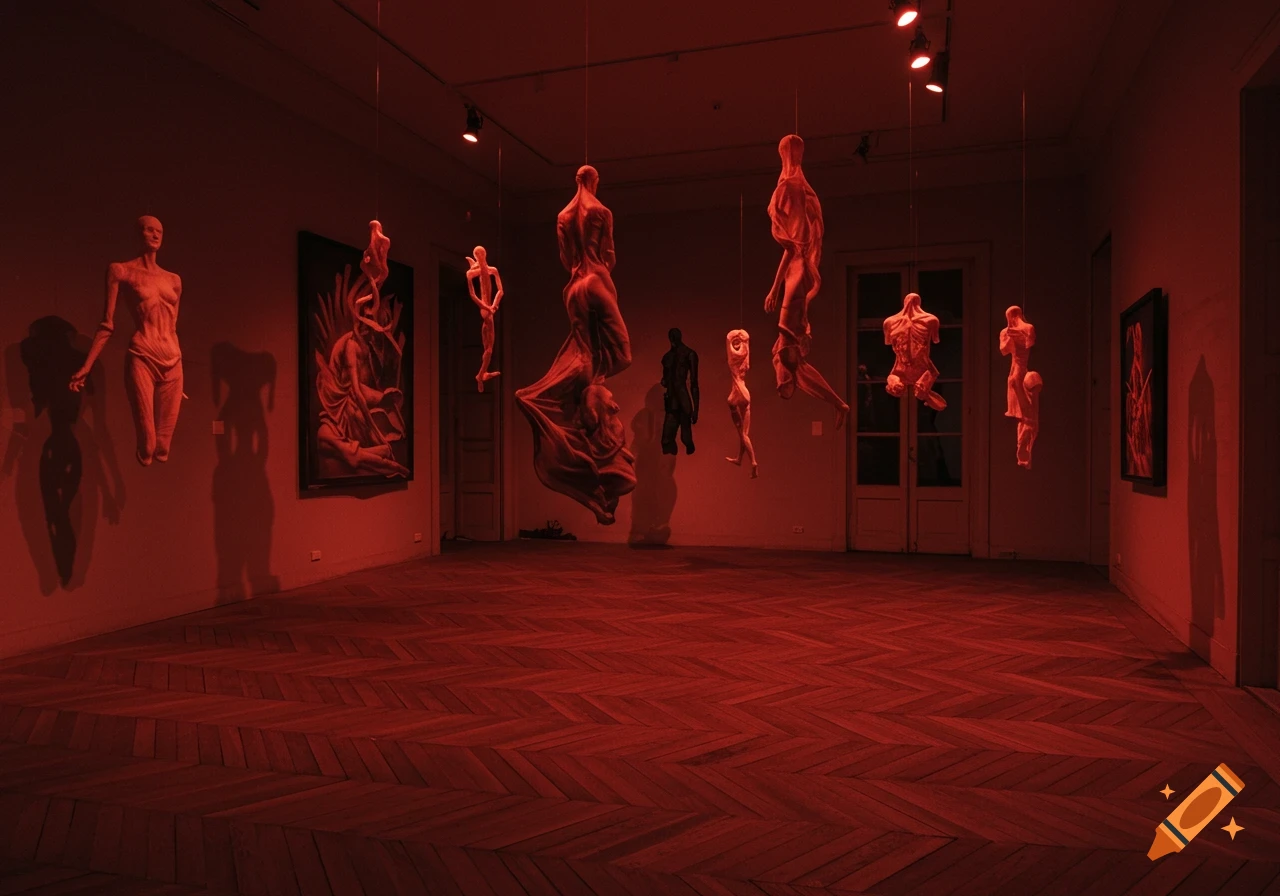 An art exhibition room with a herringbone wood floor and red lighting, featuring several suspended human-like sculptures and framed artworks on the walls.