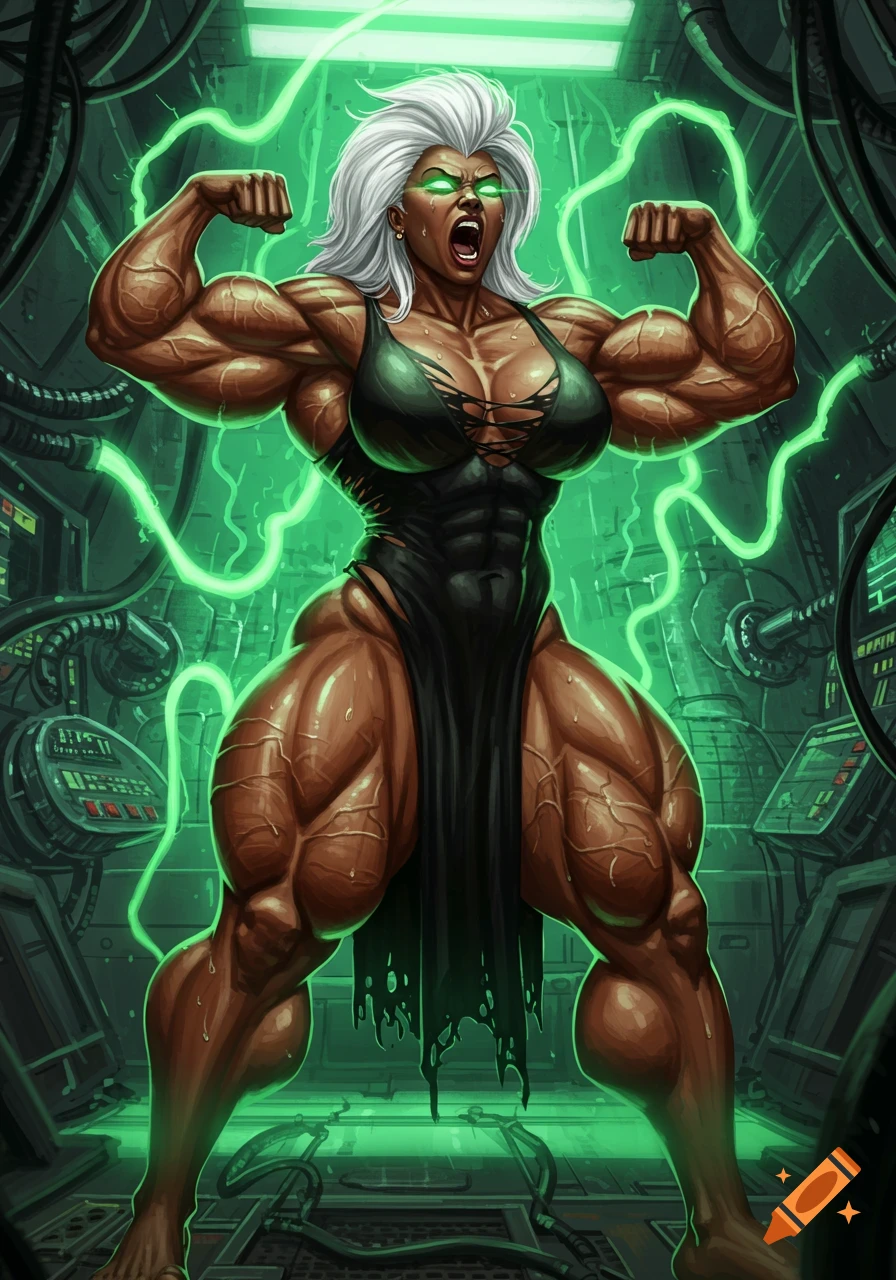 Muscular woman with white hair and glowing green eyes, wearing a black ripped dress, flexing her biceps in a futuristic chamber with green electric waves.