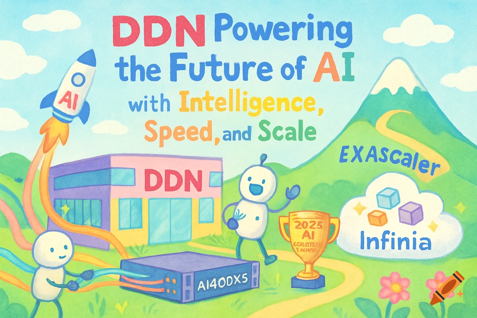 A colorful, cartoon-style illustration showing a rocket, server, building, and robots representing AI technology with text "DDN Powering the Future of AI".