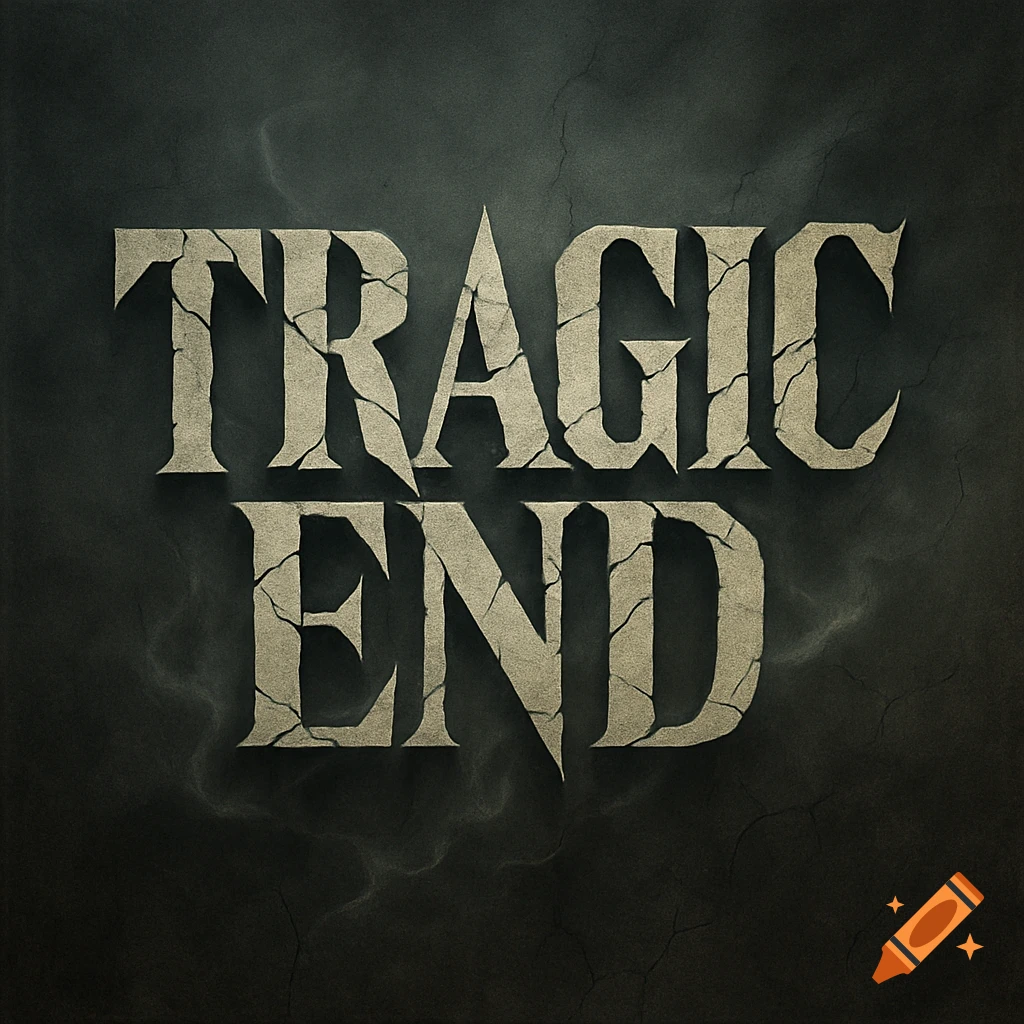 A stylized logo with the words 'TRAGIC END' in a cracked, distressed, dark beige font on a dark, textured background.