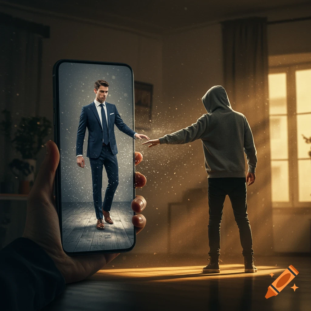 A hand holds a smartphone from which a man in a suit steps out, reaching towards a hooded figure in a room with light streaming through a window.