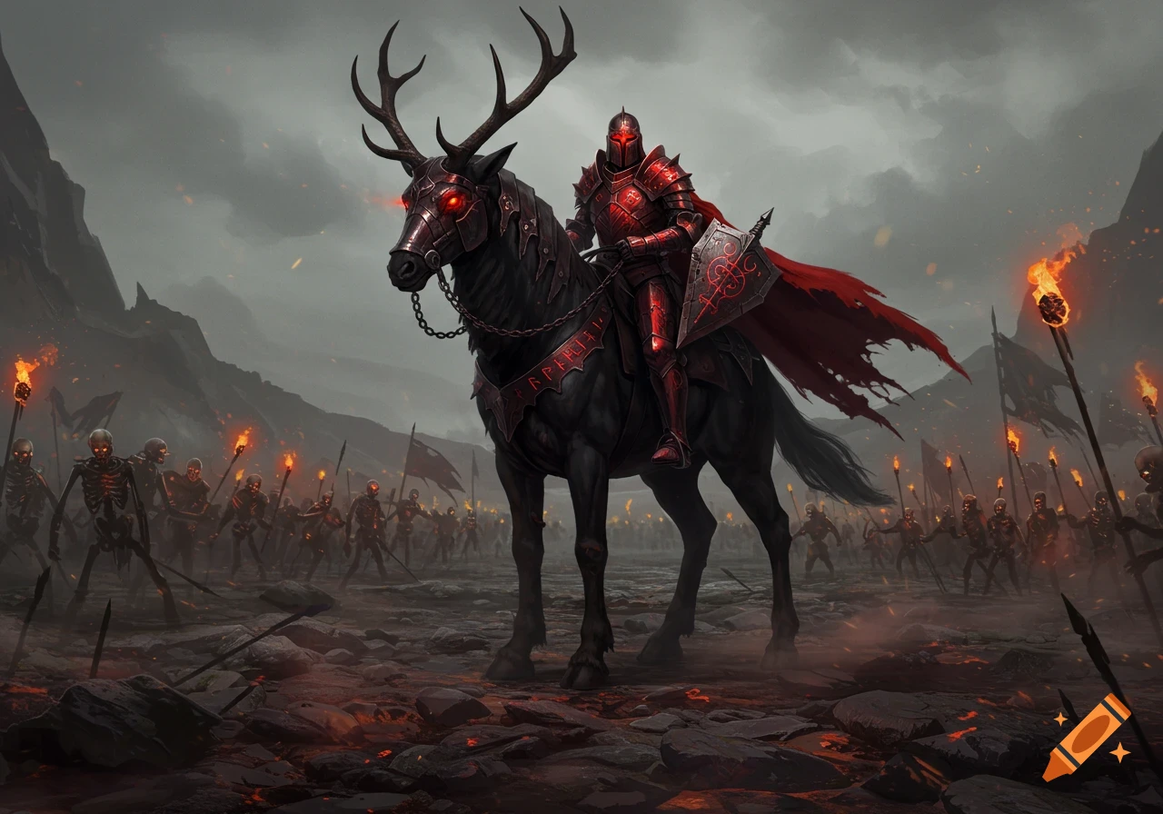 A knight in red armor rides a black bicorn with glowing red eyes, leading an undead army with torches through a dark, rocky landscape under a stormy sky.