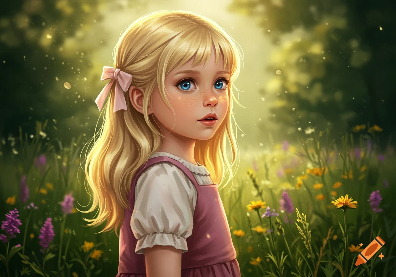 Illustrated portrait of a blonde girl with blue eyes and freckles, wearing a pink dress with a bow in her hair, standing in a sunlit field of wildflowers.