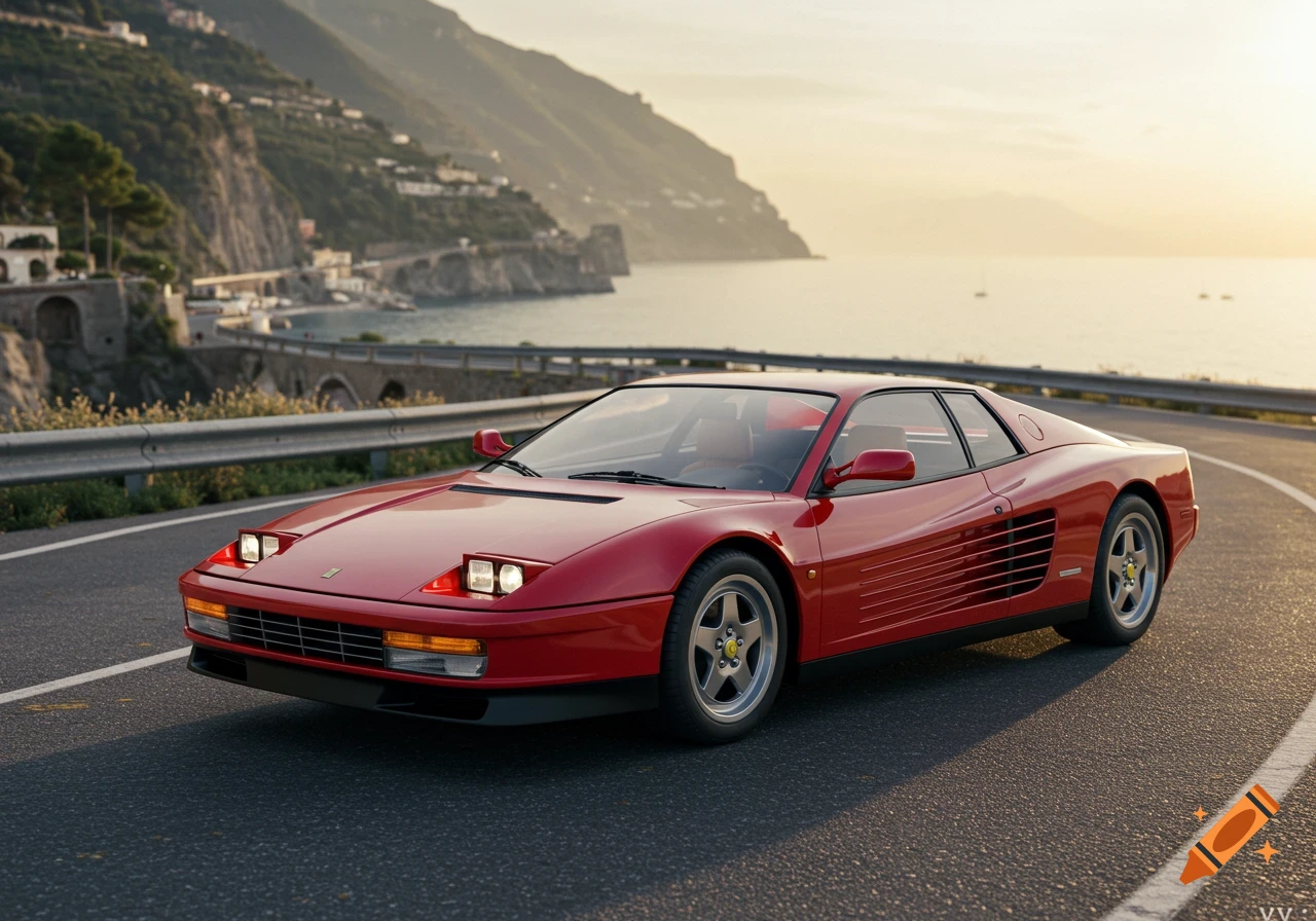 A red Ferrari Testarossa sports car on a winding coastal road, with mountains and the sea under a sunset sky.