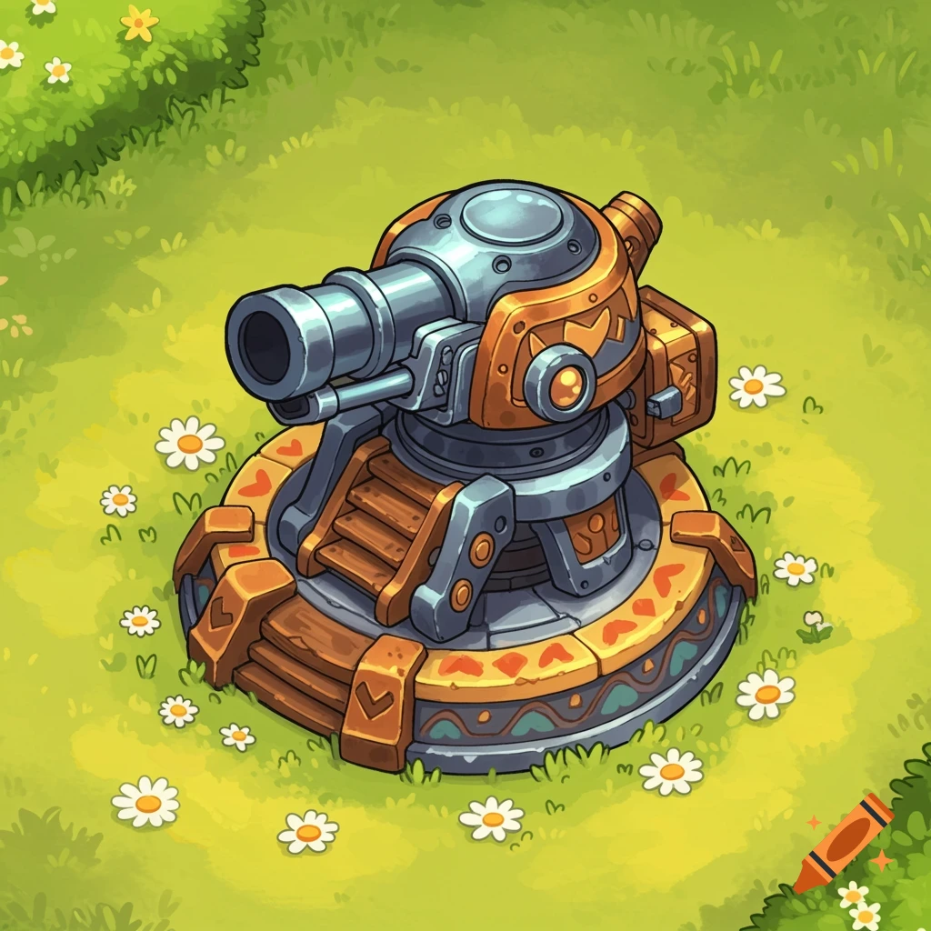 A colorful, stylized cartoon cannon turret game asset in a grassy field with daisies.