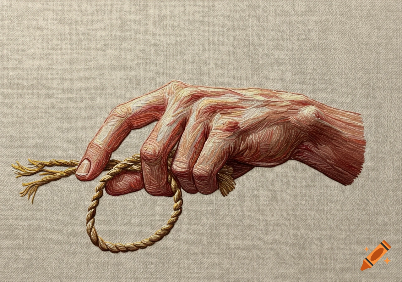An embroidered hand with exposed muscle fibers holds a braided rope against a beige fabric background.