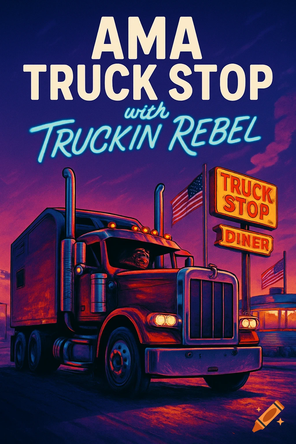 A vintage-style illustration of a semi-truck at a truck stop at dusk, with "AMA TRUCK STOP with Truckin Rebel" text.