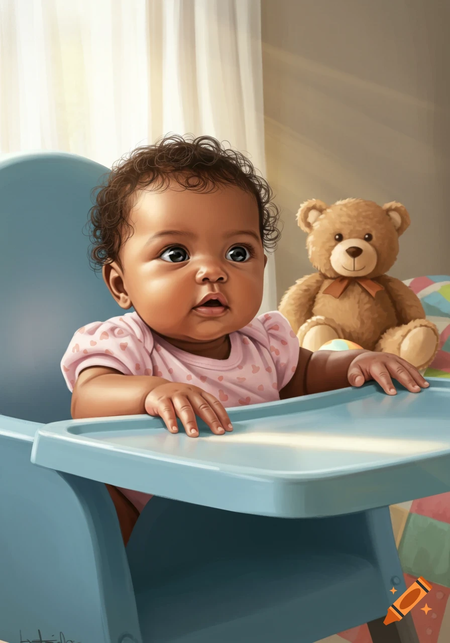 A cute baby with curly dark hair sitting in a light blue high chair next to a brown teddy bear.