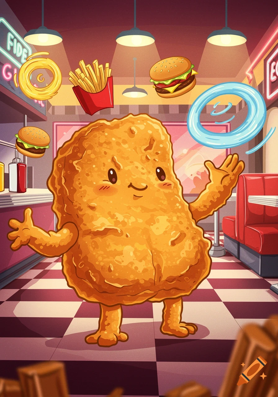 A cute cartoon chicken nugget character with arms and legs stands in a retro diner, surrounded by floating french fries, burgers, and an onion ring.