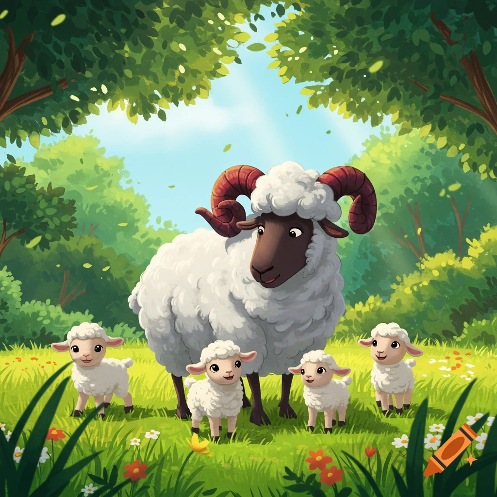 A large ram with curled horns stands in a sunny green meadow with four small lambs, in a vibrant animated style.