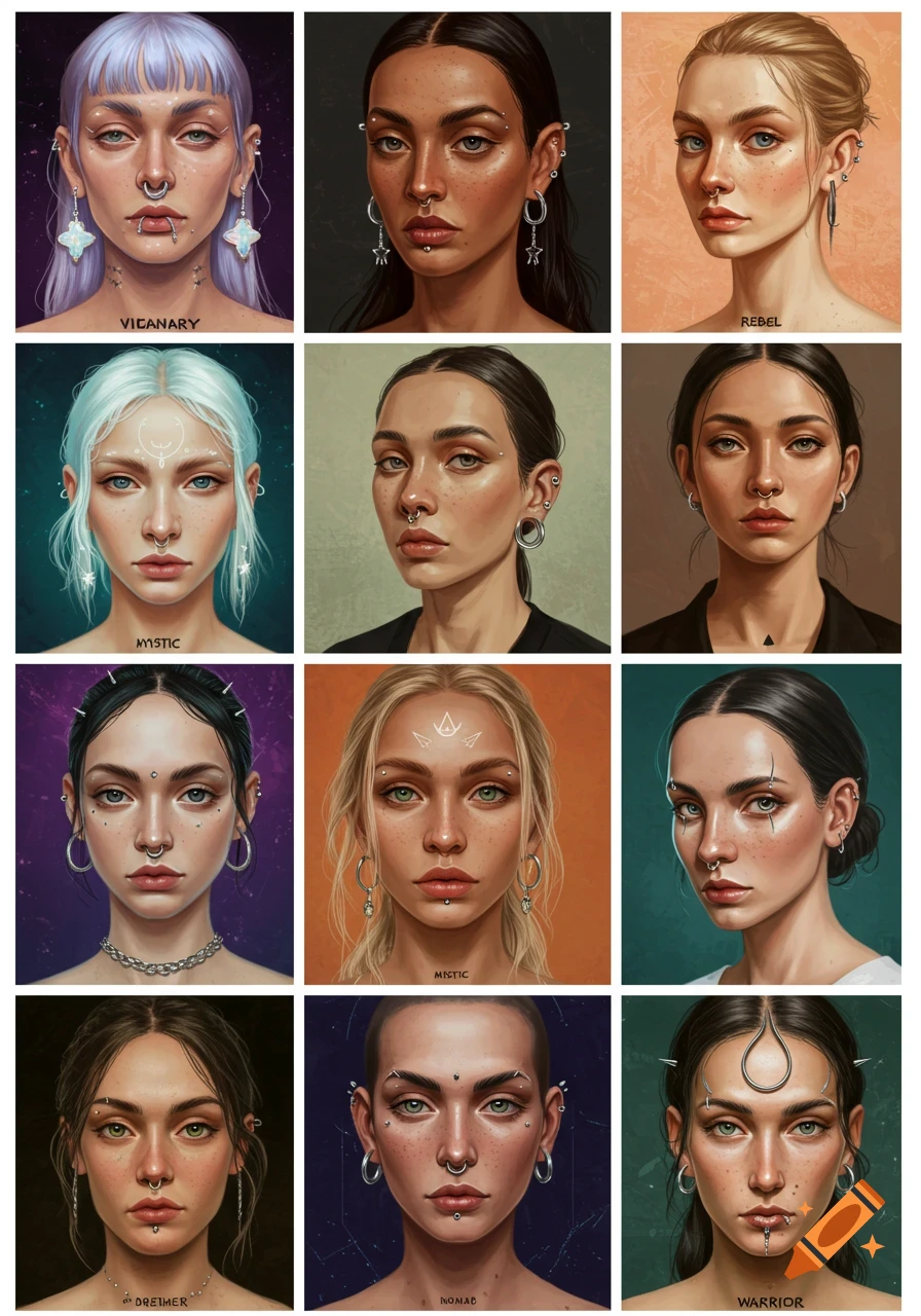 Grid of 12 stylized portraits of diverse women with various facial and ear piercings, each labeled with an archetype name.