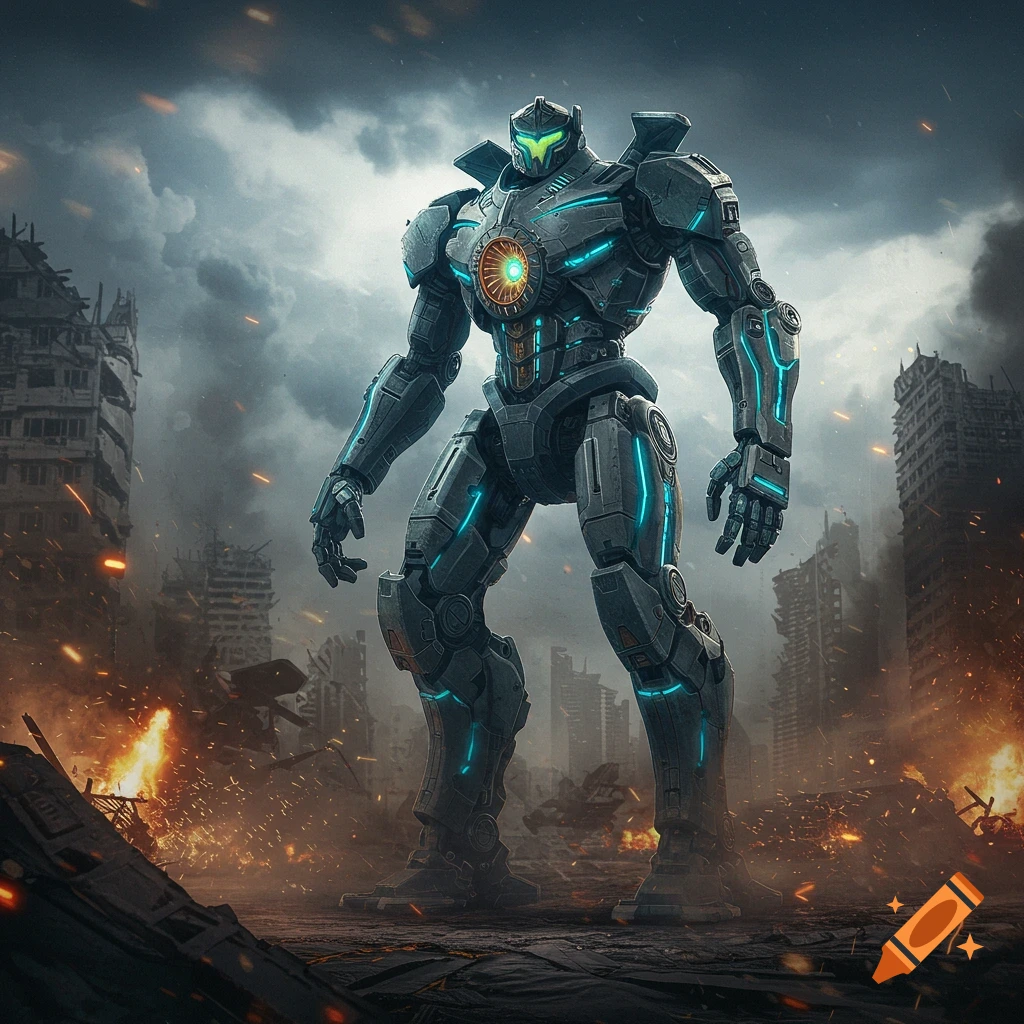 A giant gray and blue glowing mech stands in a destroyed city engulfed in smoke and fire.