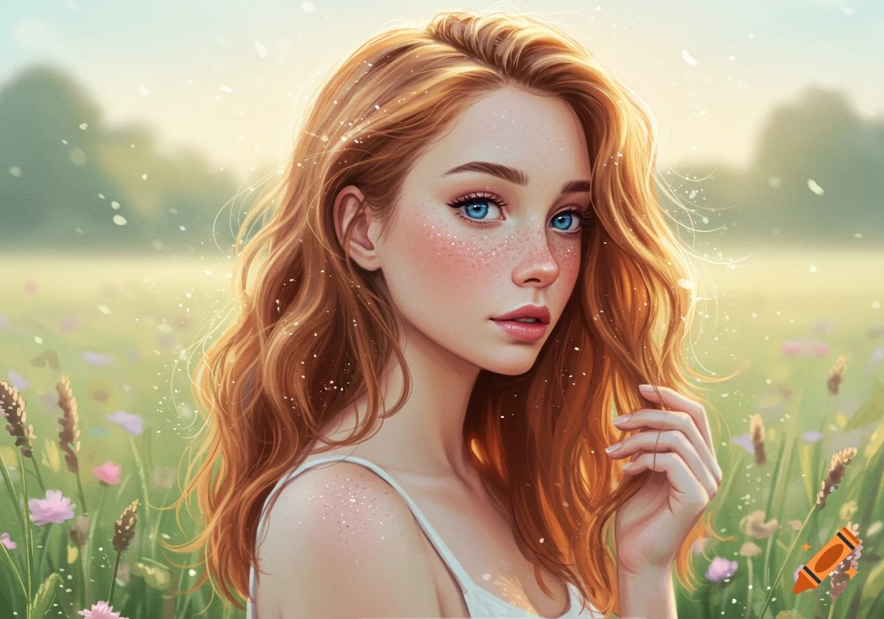 Digital art portrait of a young woman with wavy red hair and blue eyes, freckles, in a sunny field with flowers.