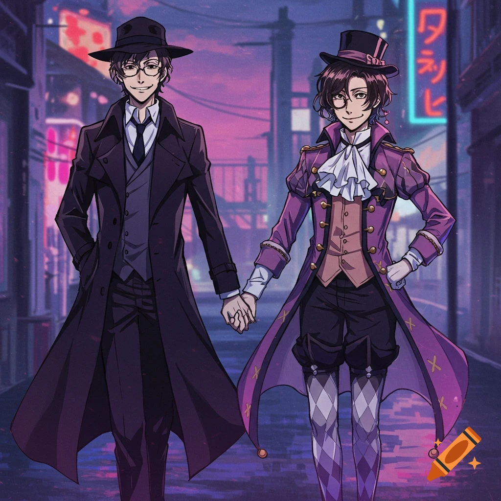 Two anime men in stylized outfits hold hands on a neon-lit city street with glowing signs.