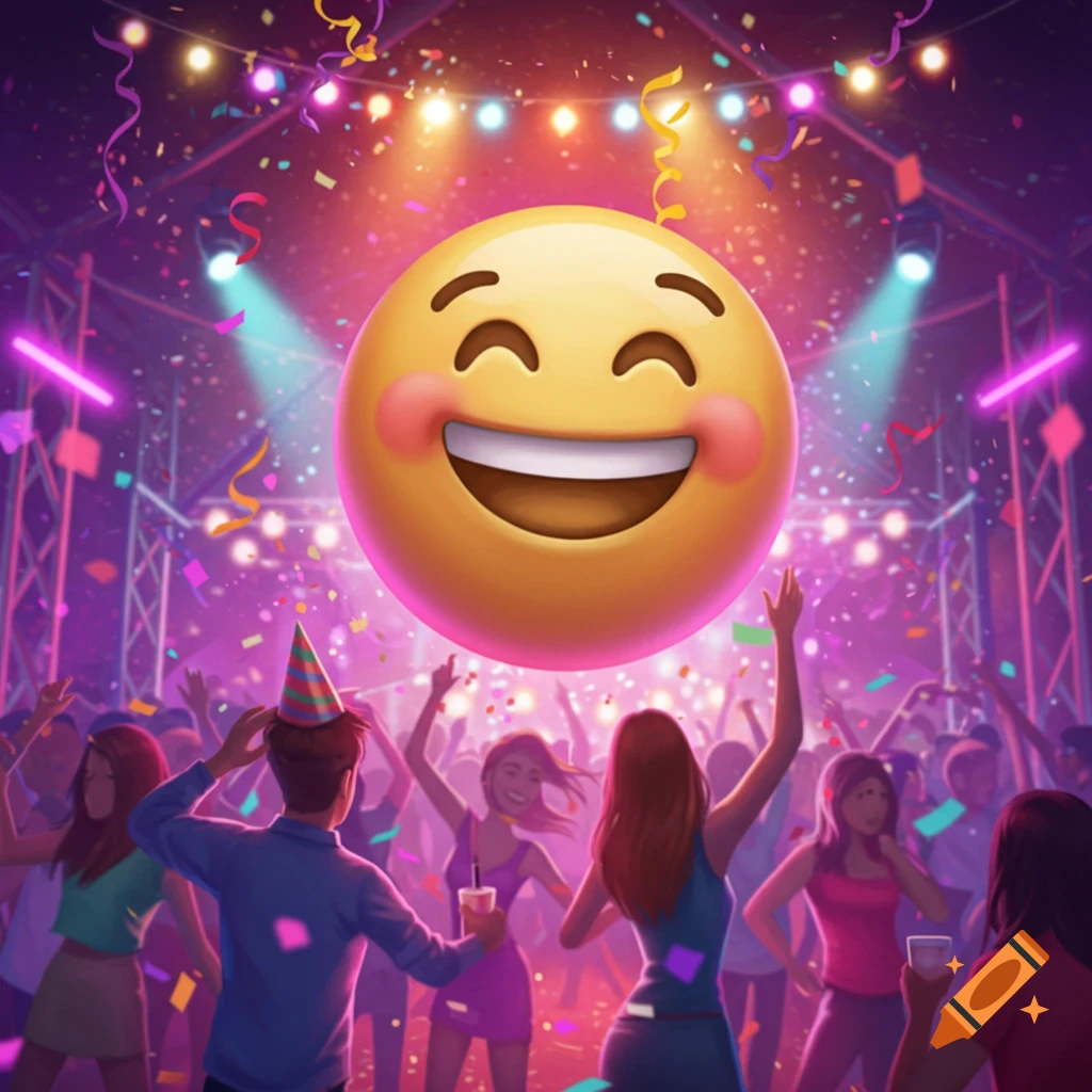 A large, happy emoji floats above a vibrant party scene with dancing people, confetti, and bright lights.