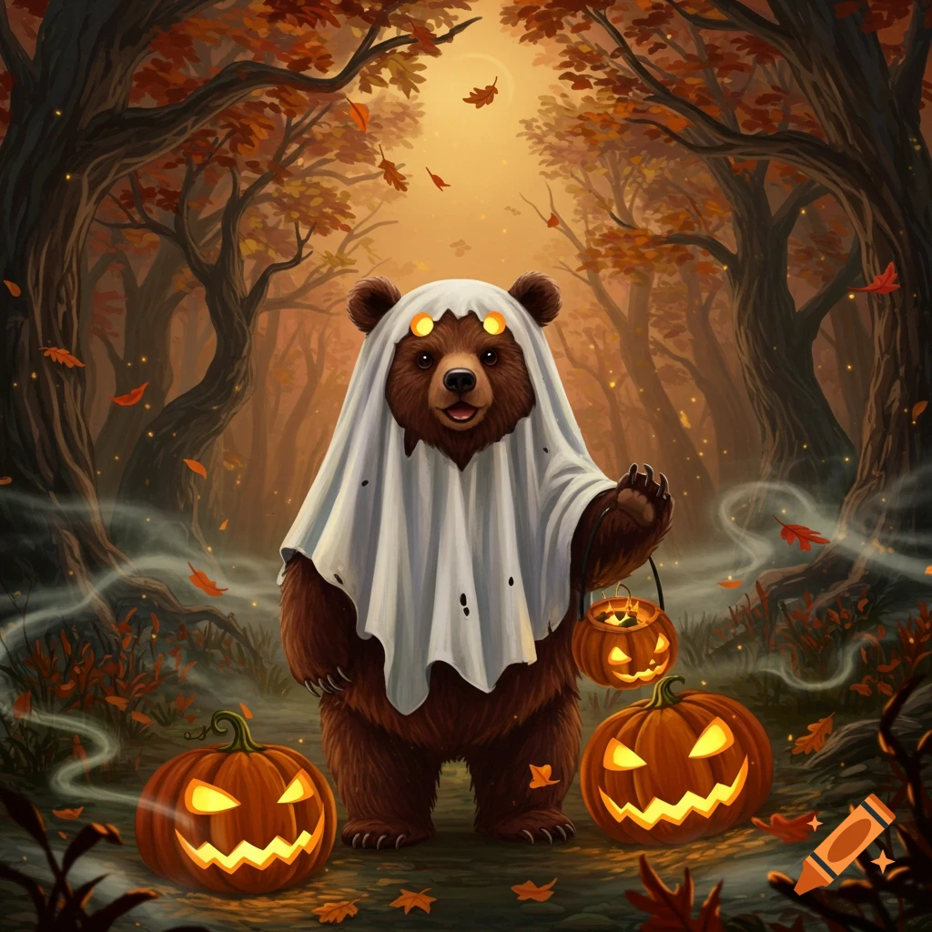 A cute brown bear in a white ghost costume holds a jack-o'-lantern in a mystical autumn forest with glowing pumpkins.
