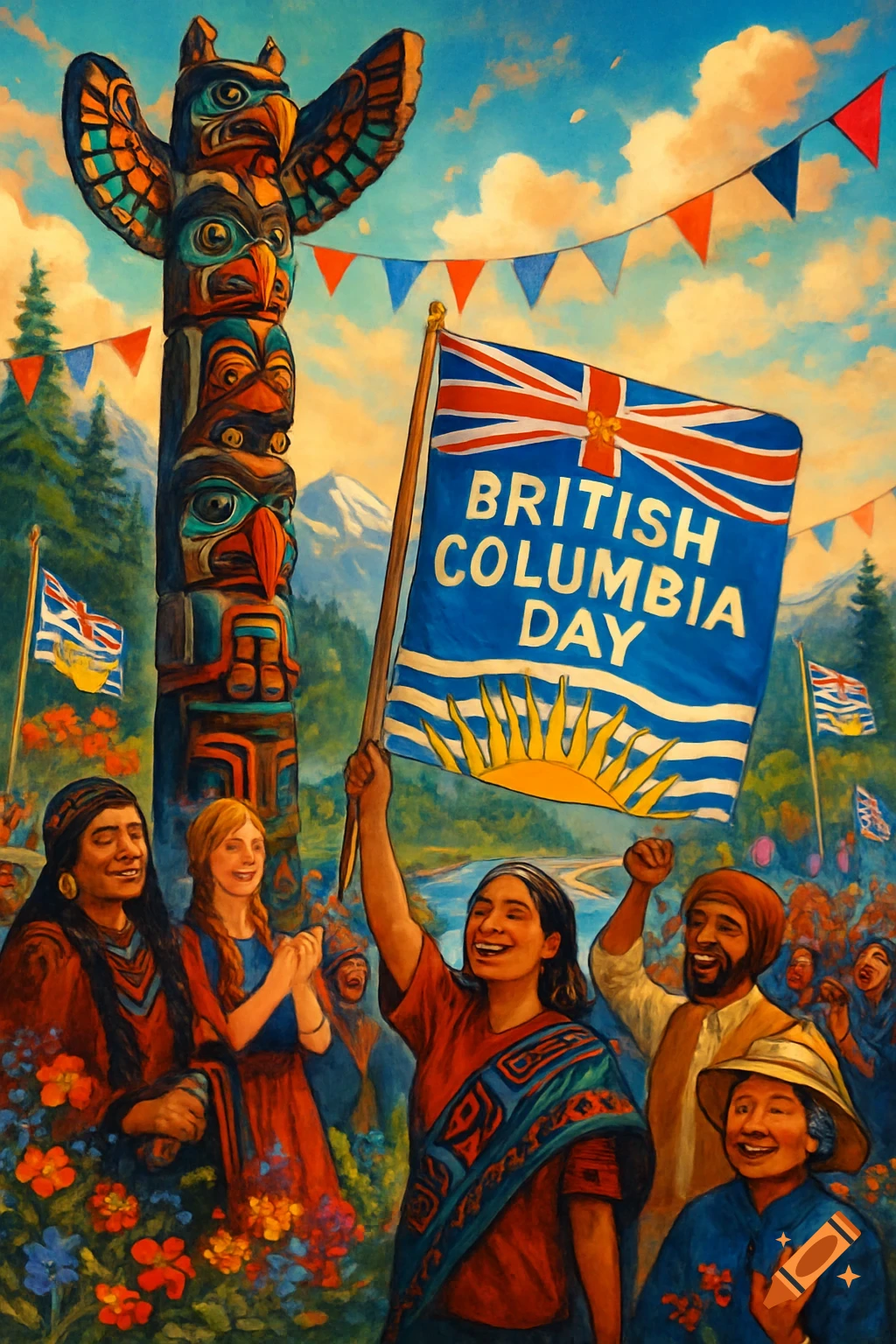 A vibrant painting of people celebrating British Columbia Day with a large flag and a towering totem pole.
