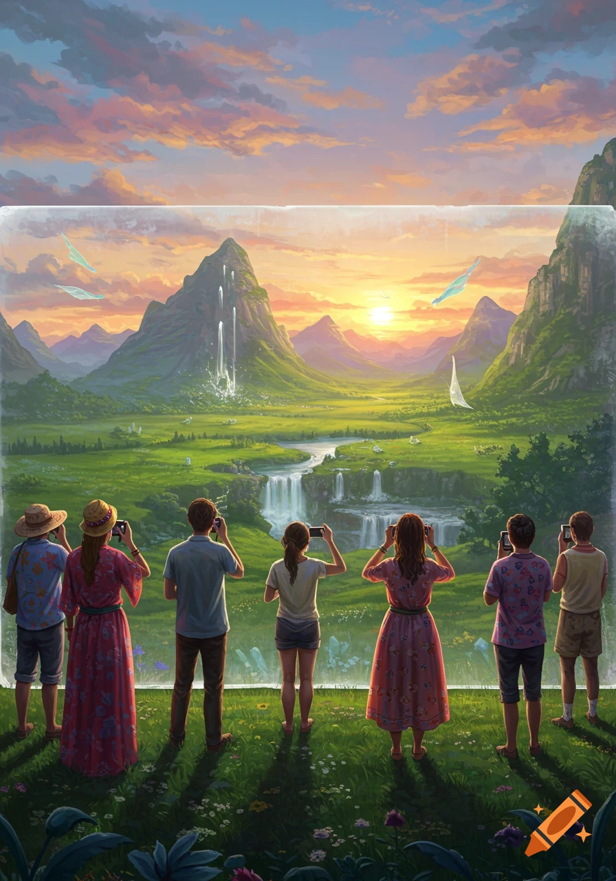A group of people stand on a hill, backs to the viewer, photographing a beautiful landscape with mountains, waterfalls, and a sunset. A clear panel stretches across the mid-ground, and abstract forms float in the sky.