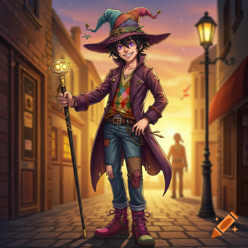 Anime-style young man with purple eyes, a multi-colored patchwork hat, and mismatched boots, grinning and holding a glowing cane on a cobblestone street at sunset.