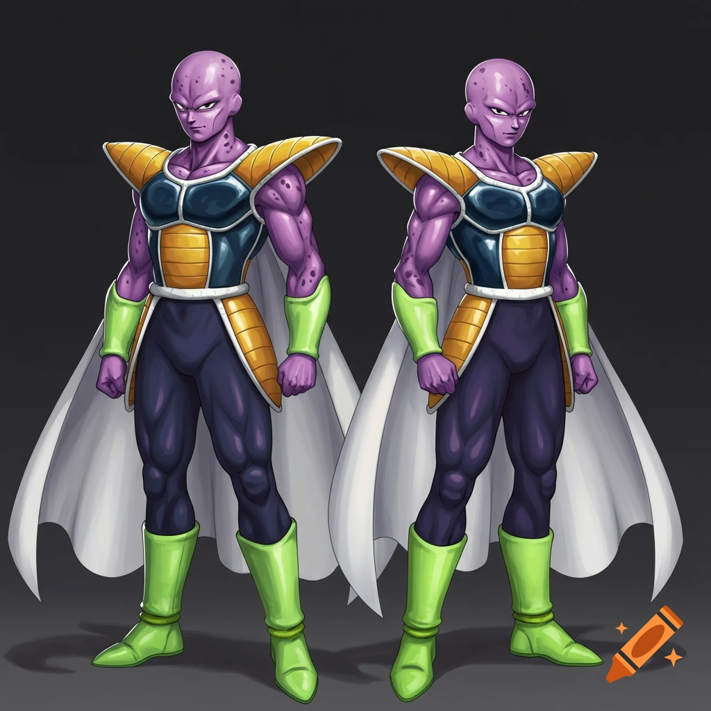 Two purple-skinned, bald, muscular male characters in gold, dark blue, and lime-green battle armor with white capes stand on a dark background.