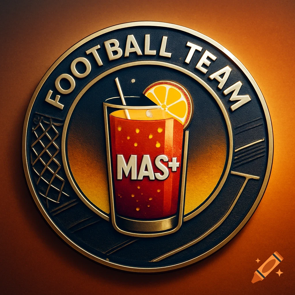 A metallic circular football team badge with a drink glass labeled 'MAS+' in the center, set against an orange background.