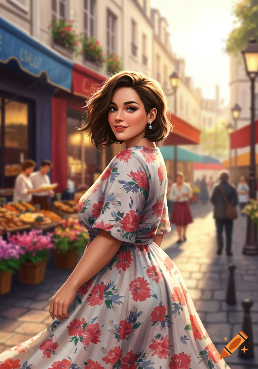A smiling woman in a floral dress looks over her shoulder on a bustling Parisian street. Illustration style.