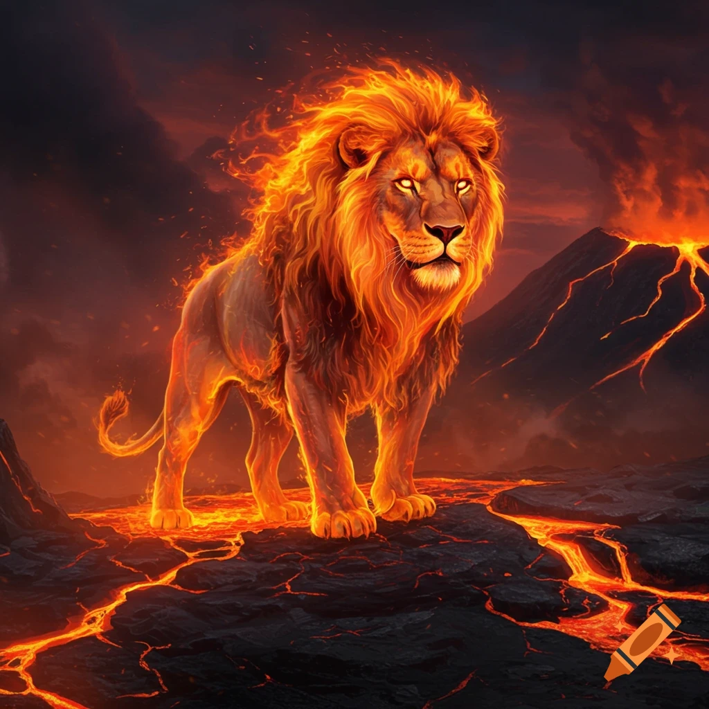 A majestic, fiery lion stands on dark volcanic rock with glowing lava rivers and an erupting volcano in the background.