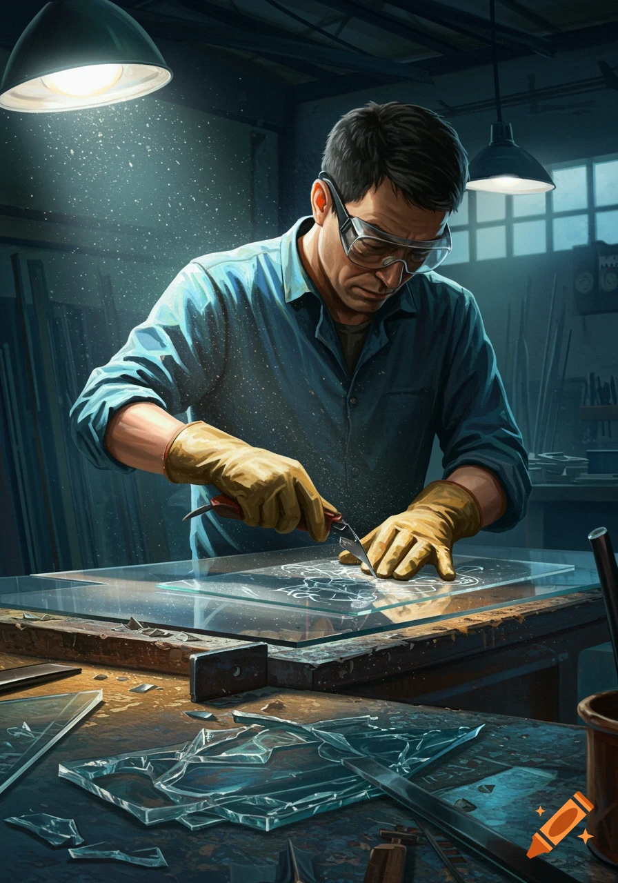 A man wearing safety glasses and gloves precisely cuts a large sheet of glass with a tool in a dimly lit workshop, surrounded by glass shards.