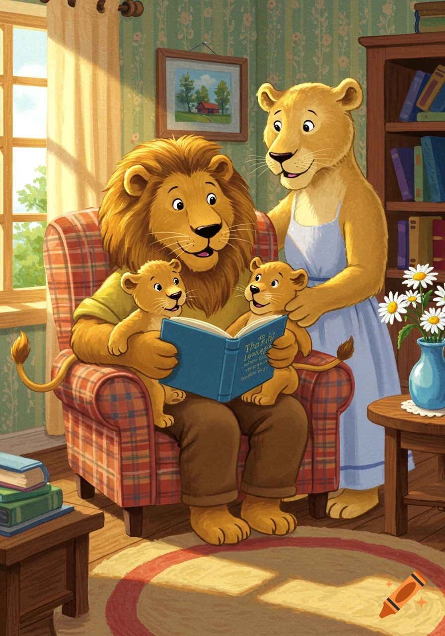 An anthropomorphic lion family, with the father lion reading a blue book to his two lion cubs, while the mother lioness stands behind them in a cozy living room.