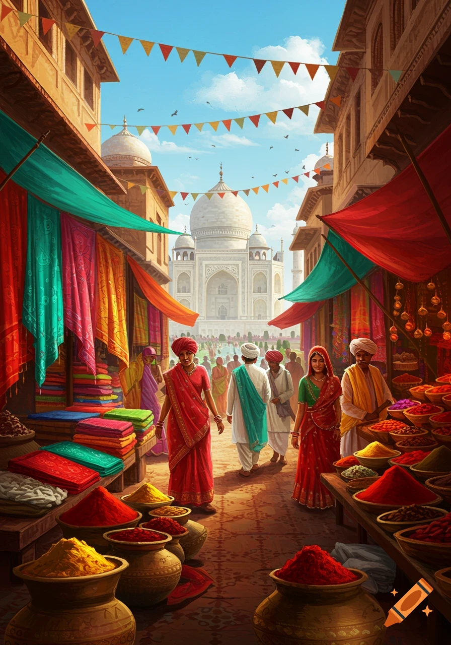 A vibrant, colorful Indian street market scene with people in traditional clothing and stalls of fabrics and spices, with the Taj Mahal in the background.