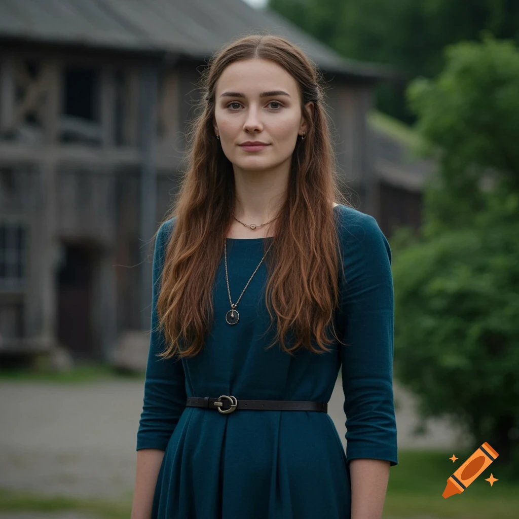 A young woman with long brown hair in a teal dress stands in front of a rustic wooden building.