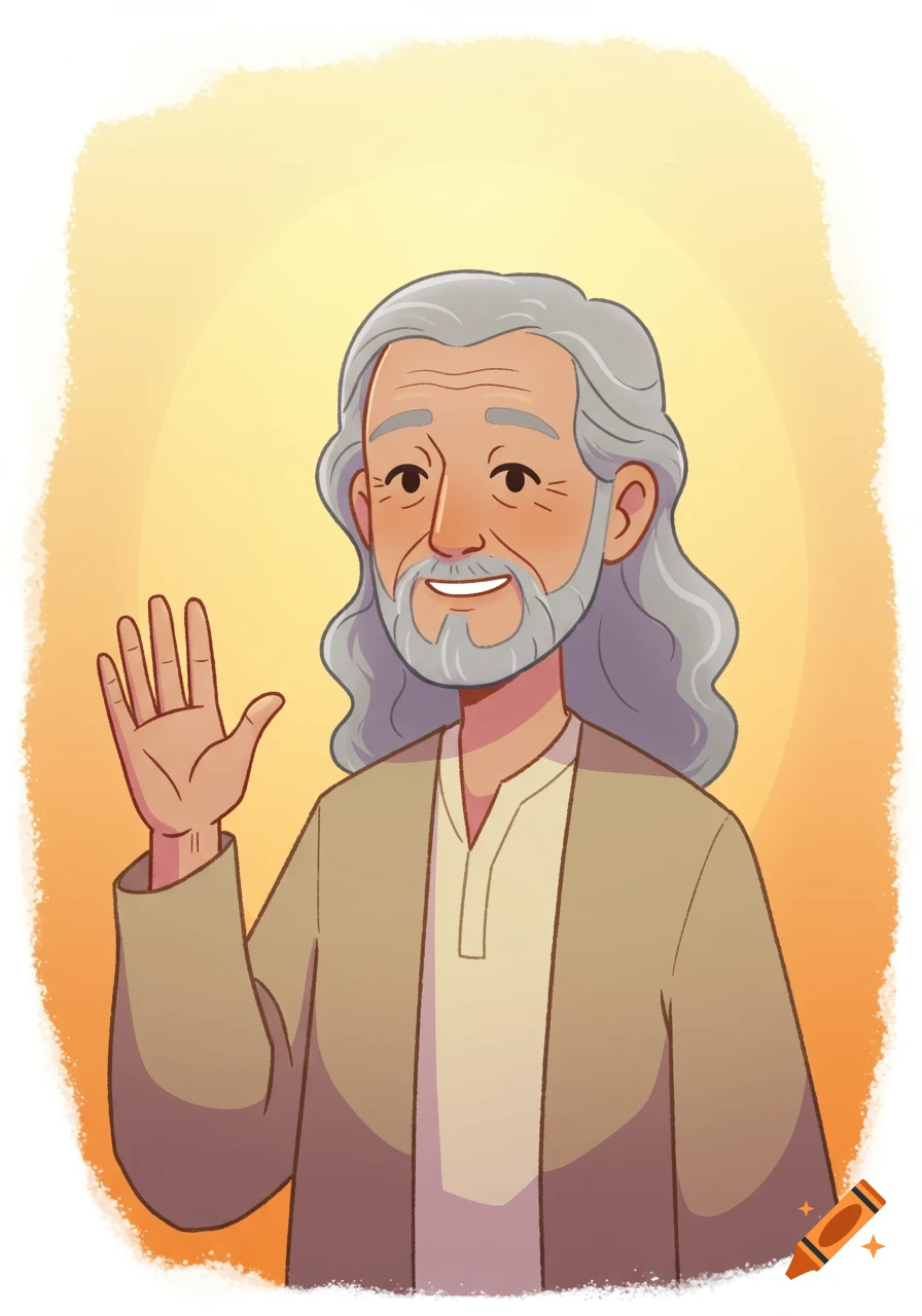 Flat-style digital illustration of an old man with gray hair and beard, smiling and waving, against a warm orange and yellow background.