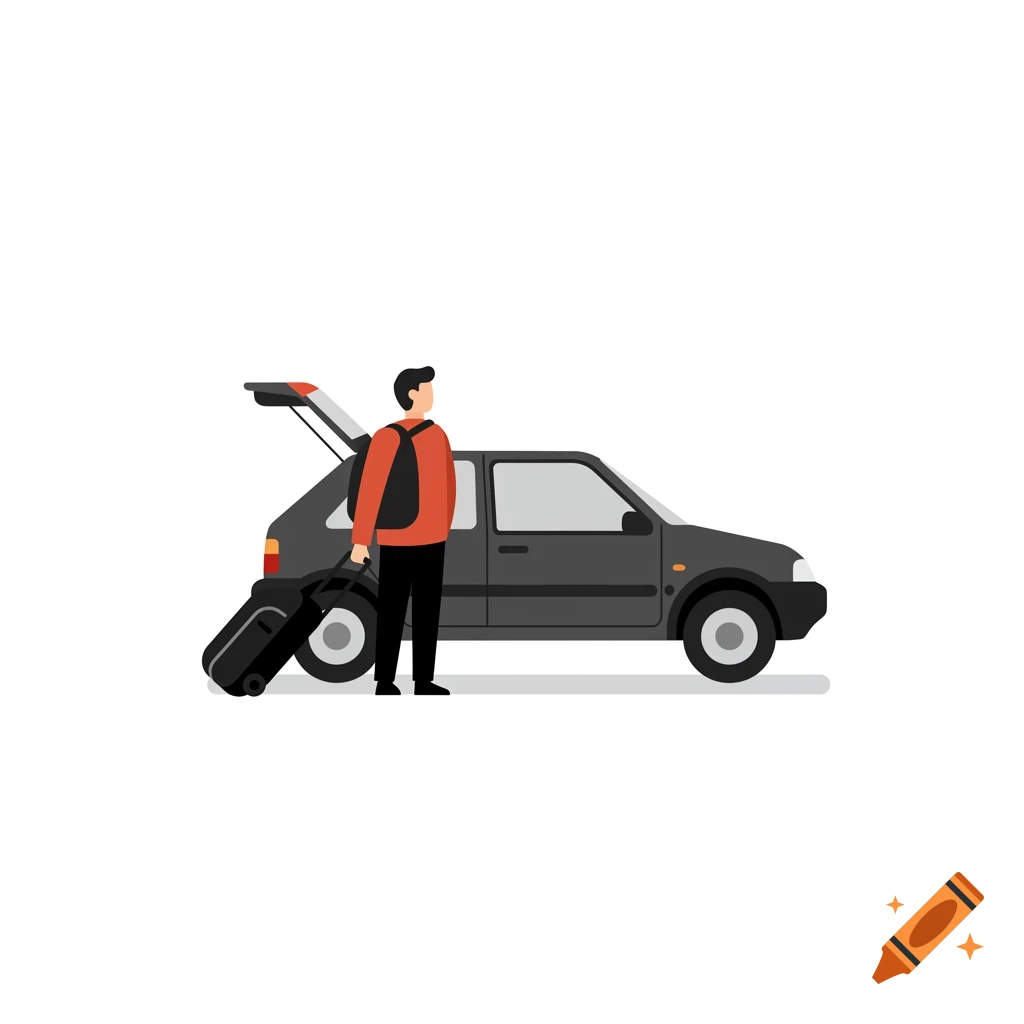 Flat illustration of a person standing next to a black car with the rear hatch open, holding a black carry-on bag.