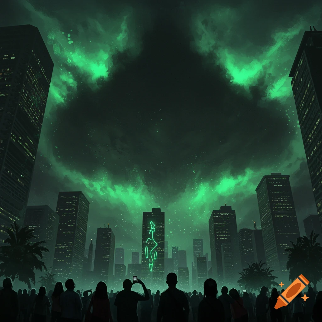 A crowd of people look up at a green glow in the dark sky over a city skyline, with an alien symbol on a skyscraper.
