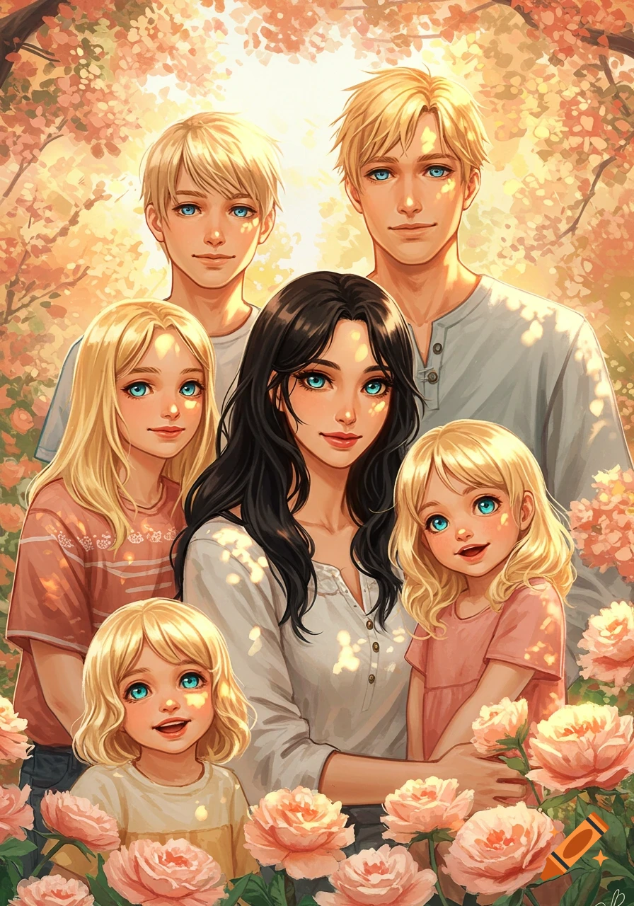 A colorful anime-style illustration of a family portrait, featuring a mother, father, and four children with blonde hair and blue eyes, surrounded by blooming pink flowers under a bright, warm light.