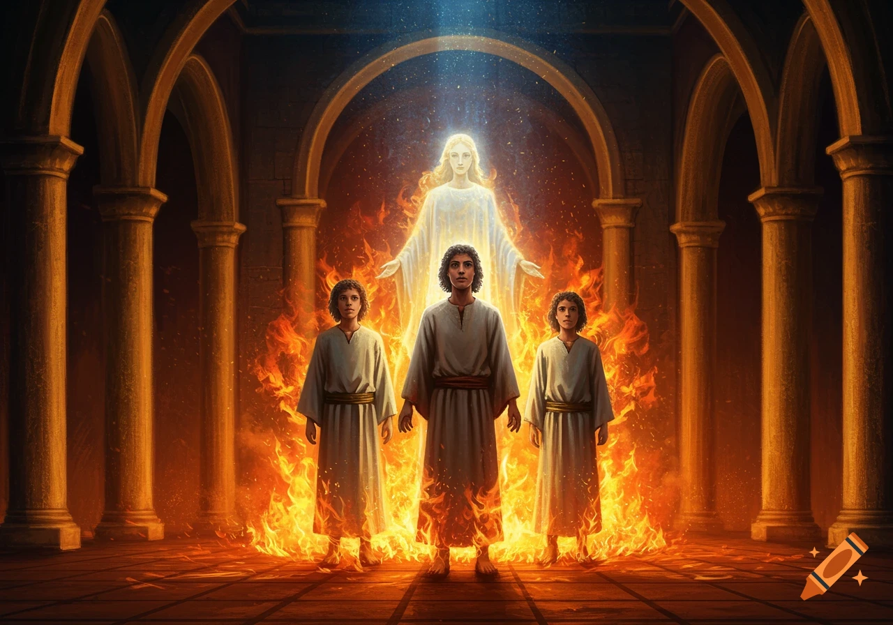 Three young men in robes stand unharmed in a fiery furnace, with a glowing angelic figure behind them in an arched hall.