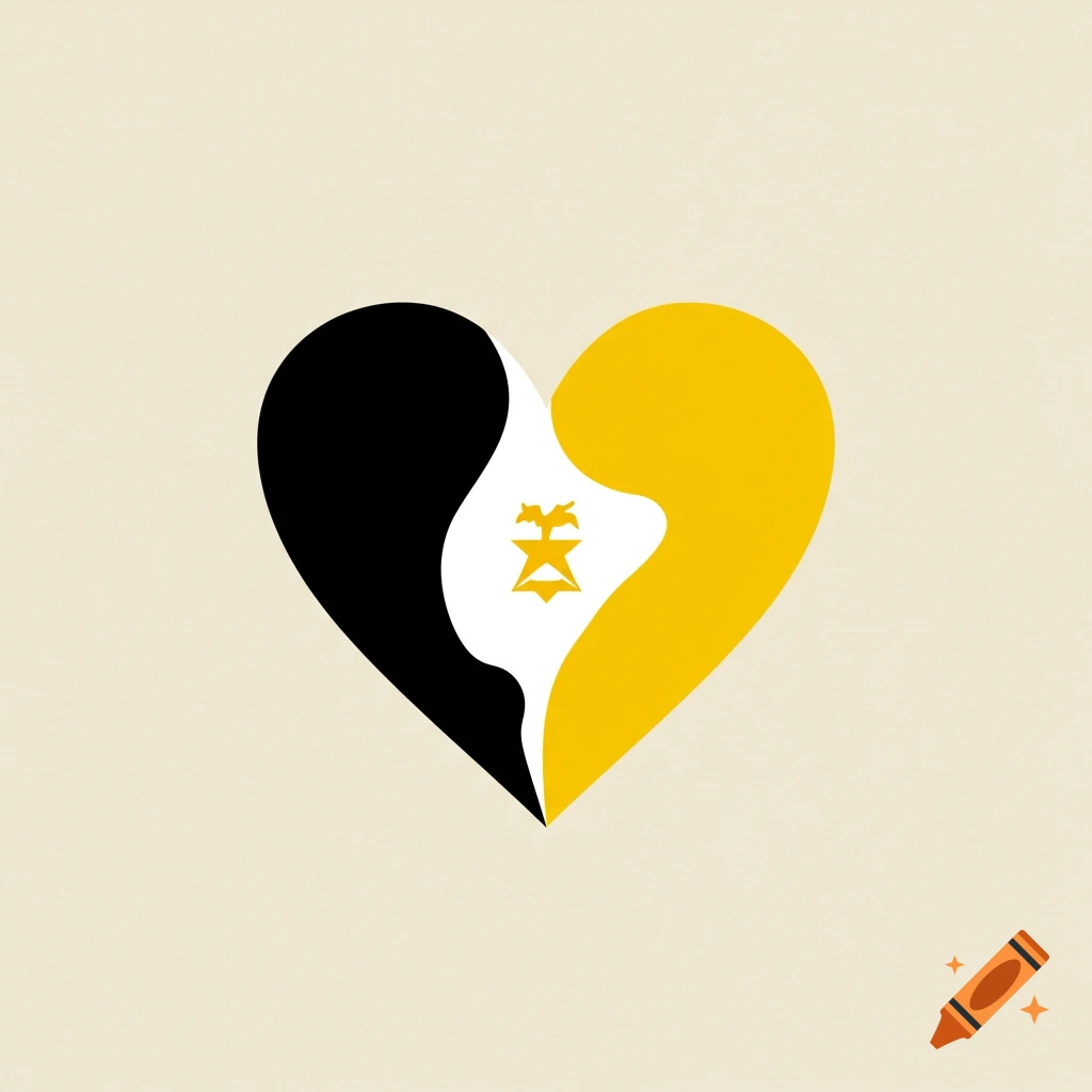 A minimalist heart design in black, white, and yellow, with a stylized golden symbol in the center white section.