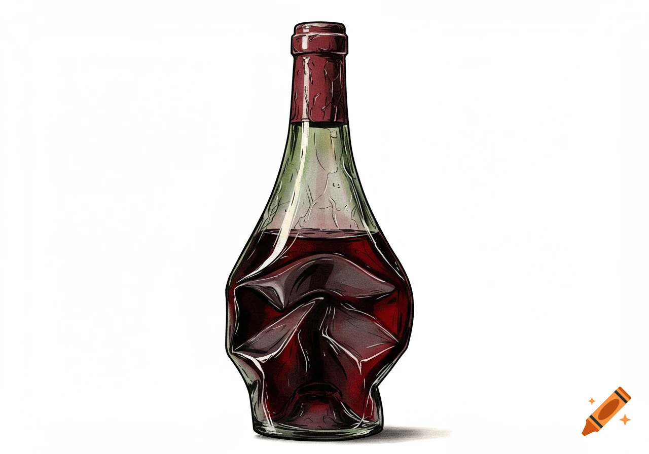 An illustration of a wrinkled, old bottle of red wine with a slightly bent neck on a pure white background.