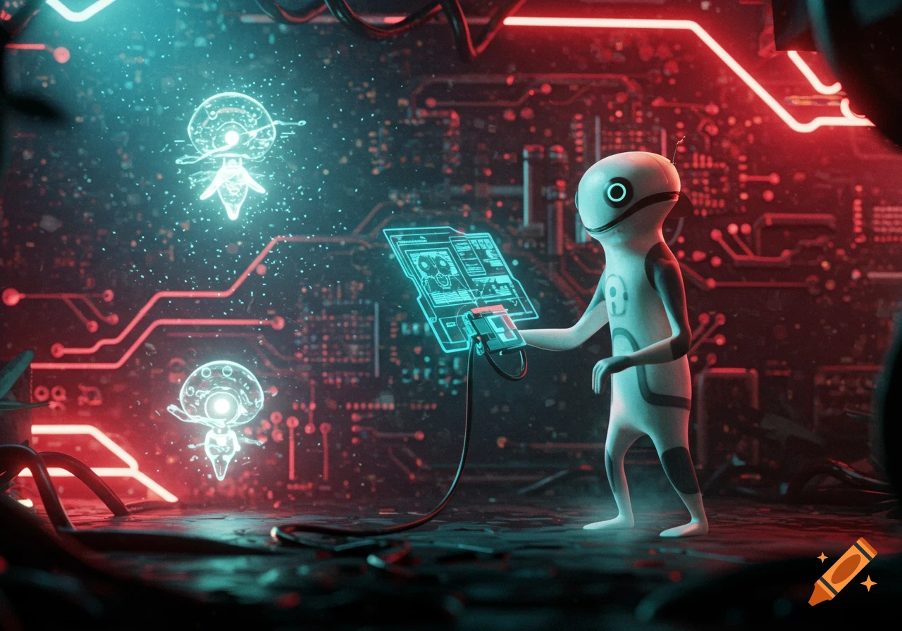 A white alien-like robot uses a glowing blue holographic tablet in a dark, futuristic computer circuit environment with red and blue neon lights.