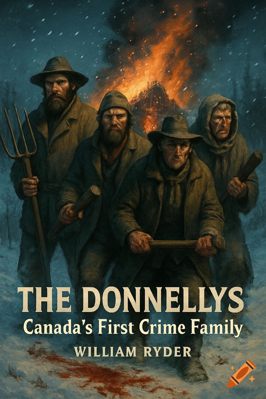 Illustrated book cover: four stern men in winter clothes with weapons, in bloody snow, burning building in background. Text: 'THE DONNELLYS Canada's First Crime Family' by William Ryder.