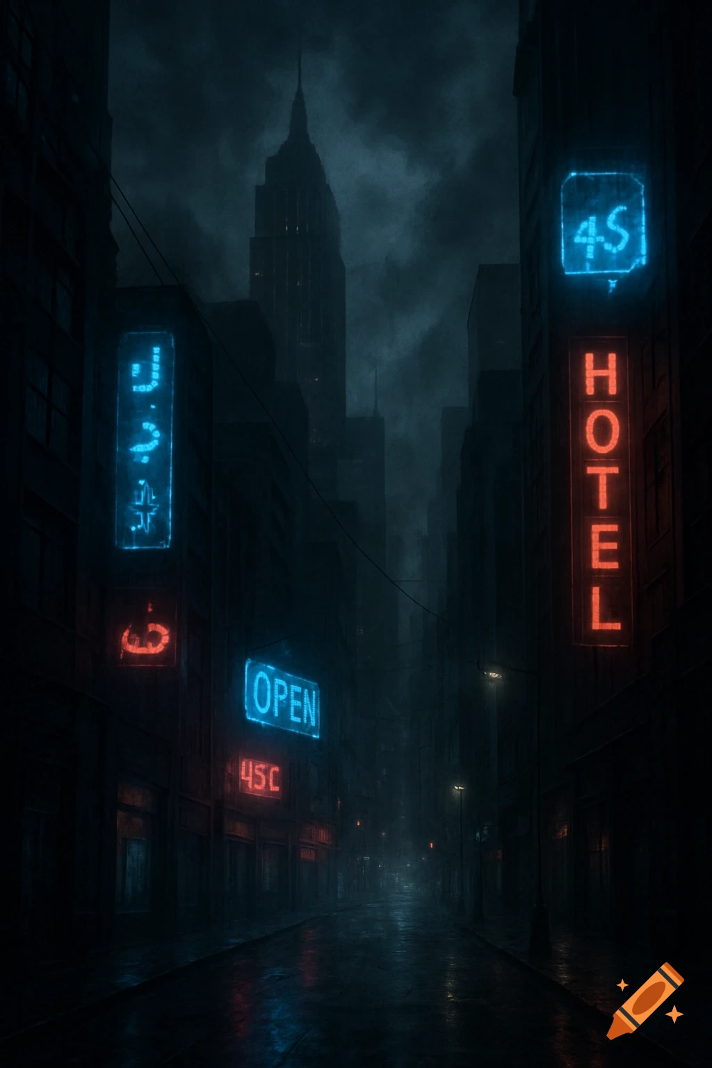 A dark, rainy cyberpunk city street at night with neon signs and tall buildings under a cloudy sky.
